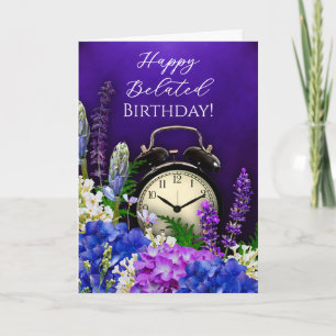 Purple Floral Clock Belated Birthday Card