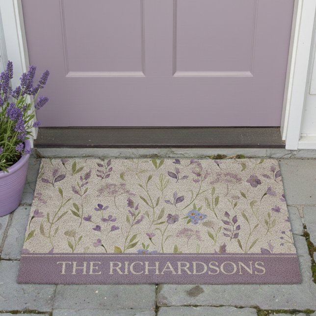 Purple Floral Coir Mat (cottagecore lavender purple floral garden meadow welcome mat with monogram family name)