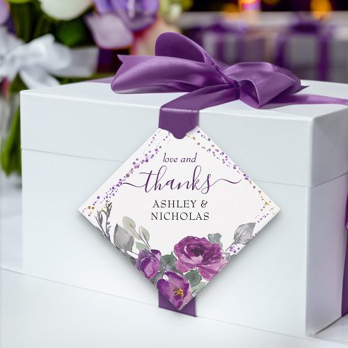 Purple Floral Confetti and Elegant Script Favor Tags