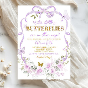 Purple Floral Coquette Twins Butterfly Baby Shower Invitation