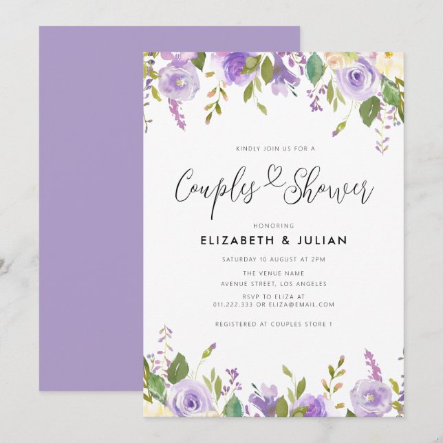 purple floral couples shower invitation (Front/Back)