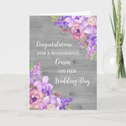 Purple Floral Cousin Wedding Day Congratulations Card