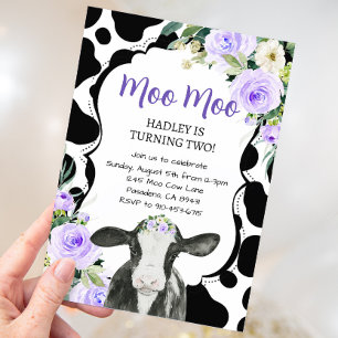 Purple Floral Cow Farm Birthday  Invitation