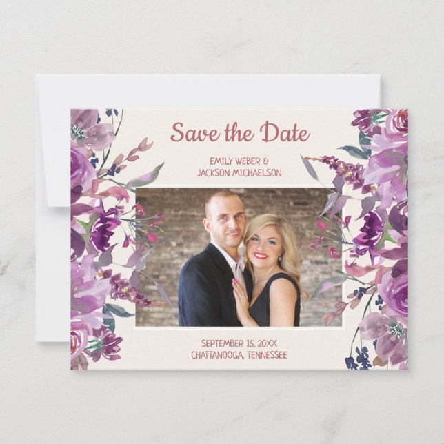 Purple Floral Cream Wedding Save Date Photo Save The Date (Front)