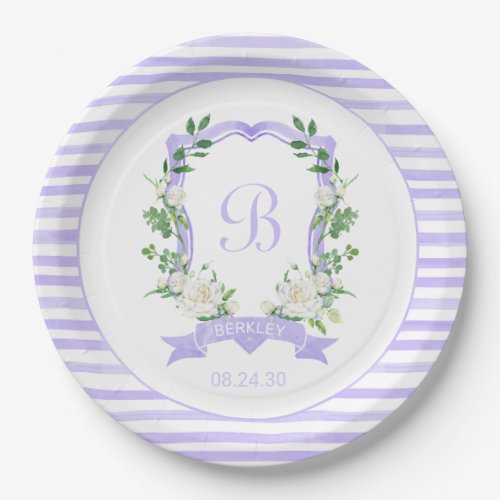 Purple Floral Crest Baby Shower Paper Plate