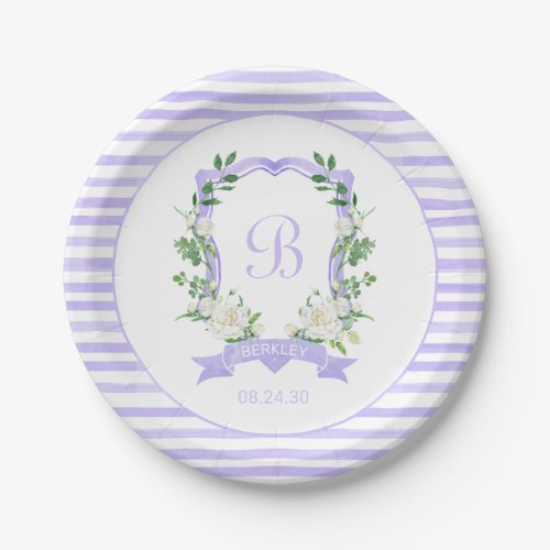 Purple Floral Crest Baby Shower Paper Plate