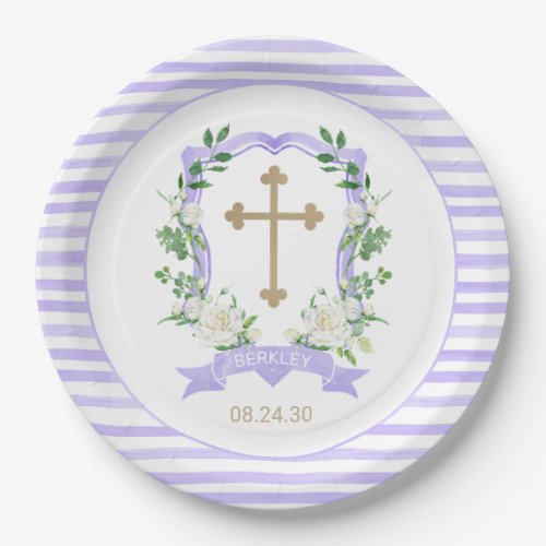 Purple Floral Crest Baptism Paper Plate