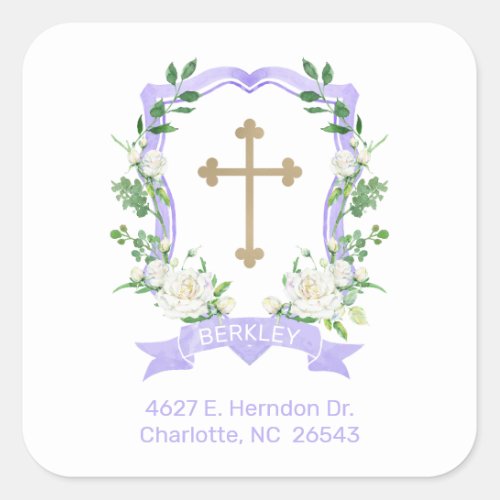 Purple Floral Crest Baptism Return Address Square Sticker