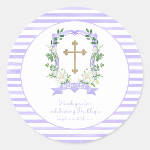 Purple Floral Crest Baptism Thank You Classic Round Sticker