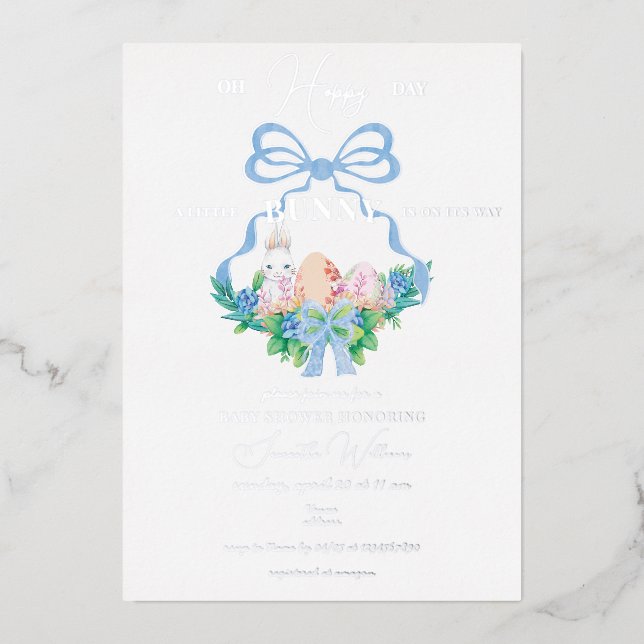 Purple Floral Crest Easter Bunny Boy Baby Shower Foil Invitation (Front)
