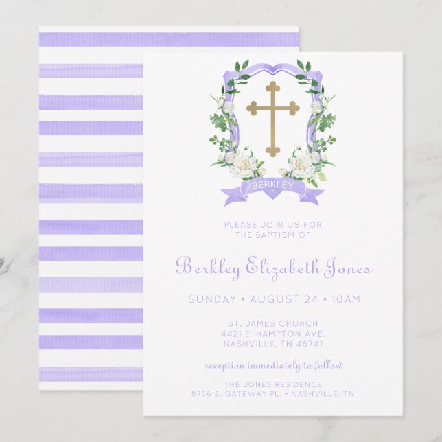 Purple Floral Crest Girl Baptism Invitation (Front/Back)