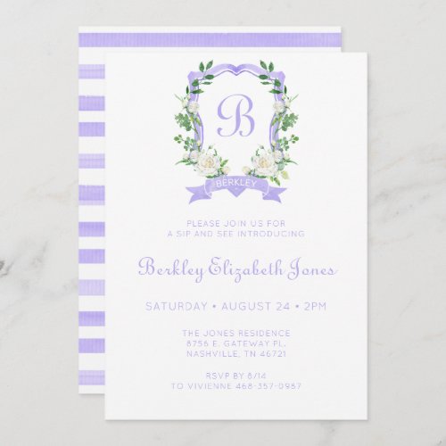 Purple Floral Crest Girl Sip And See Invitation