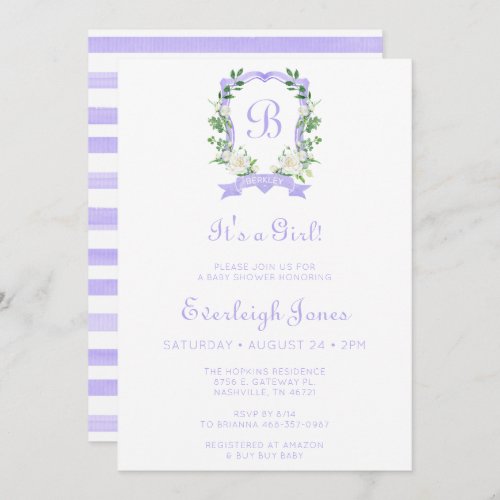 Purple Floral Crest Its A Girl Baby Shower Invitation