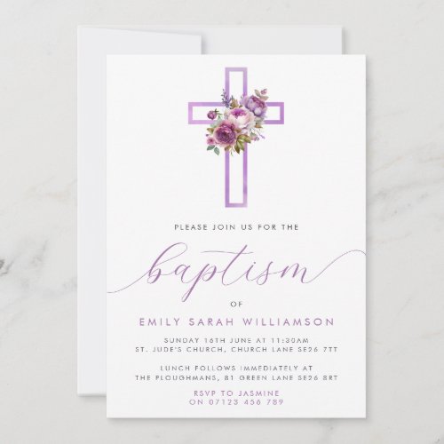 Purple Floral Cross Baby Baptism Invitation