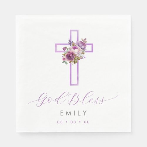 Purple Floral Cross Baby God Bless Baptism Napkins