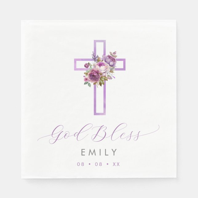 Purple Floral Cross Baby God Bless Baptism Napkins (Front)