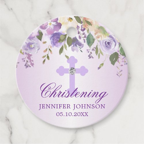 Purple Floral Cross Christening Baptism Thank You Favor Tags