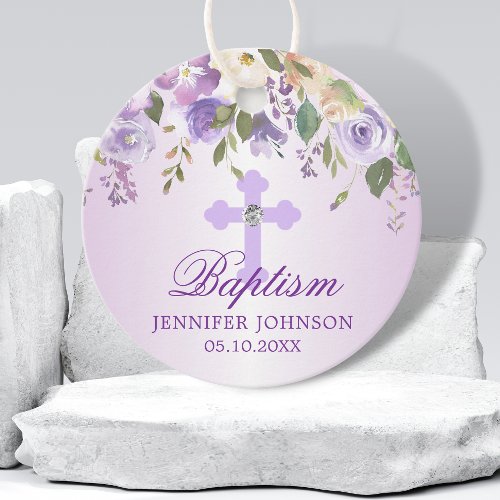 Purple Floral Cross Christening Baptism Thank You Favor Tags