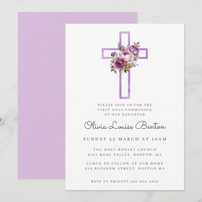 Purple Floral Cross First Communion Invitation (Front/Back)
