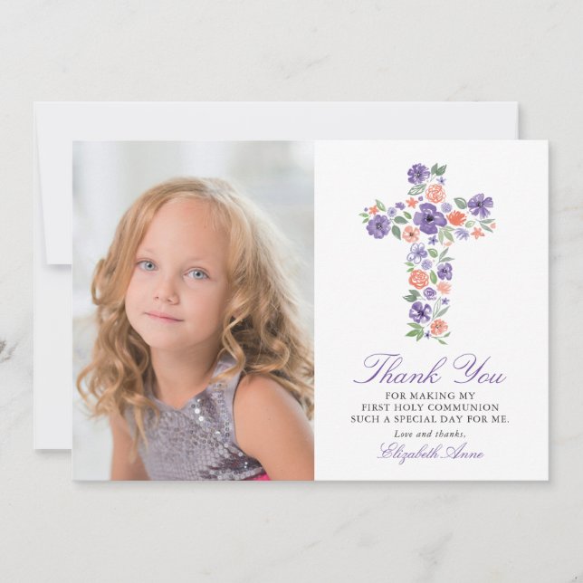 Purple Floral Cross First Holy Communion Thank You Card (Front)