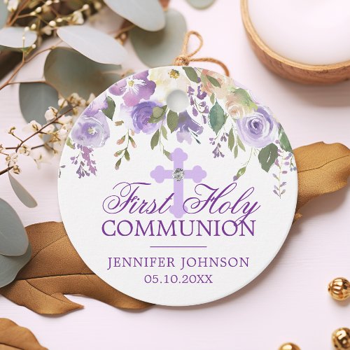 Purple Floral Cross First Holy Communion Thank You Favor Tags