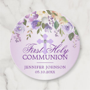 Purple Floral Cross First Holy Communion Thank You Favor Tags