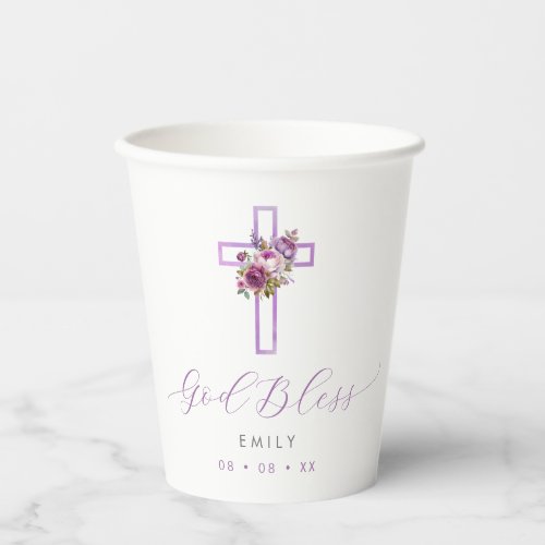 Purple Floral Cross God Bless Baptism Paper Cups