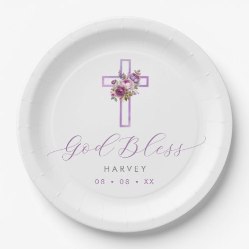 Purple Floral Cross God Bless Baptism Paper Plates
