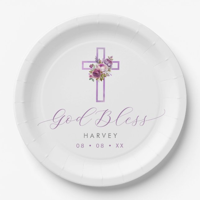 Purple Floral Cross God Bless Baptism Paper Plates (Front)