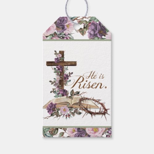 Purple Floral Cross  He is Risen Gift Tags