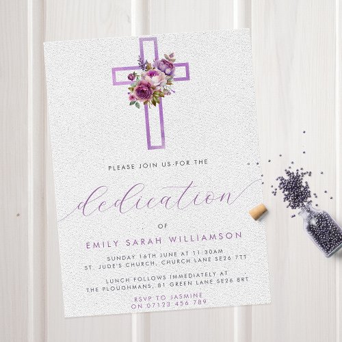 Purple Floral Cross Modern Script Baby Dedication Invitation