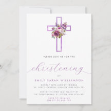 Purple Floral Cross Modern Script Christening