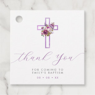 Purple Floral Cross Modern Script Thank You Favor Tags