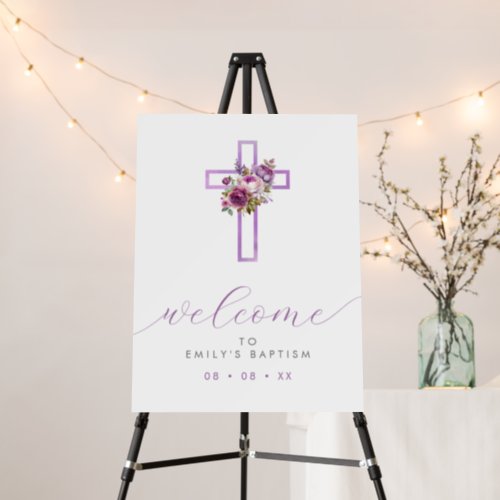 Purple Floral Cross Modern Script Welcome Foam Board