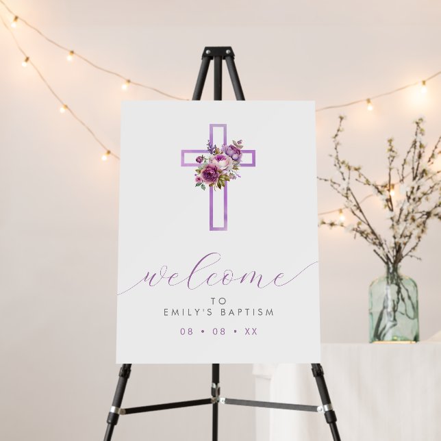 Purple Floral Cross Modern Script Welcome Foam Board (In Situ (Stand))