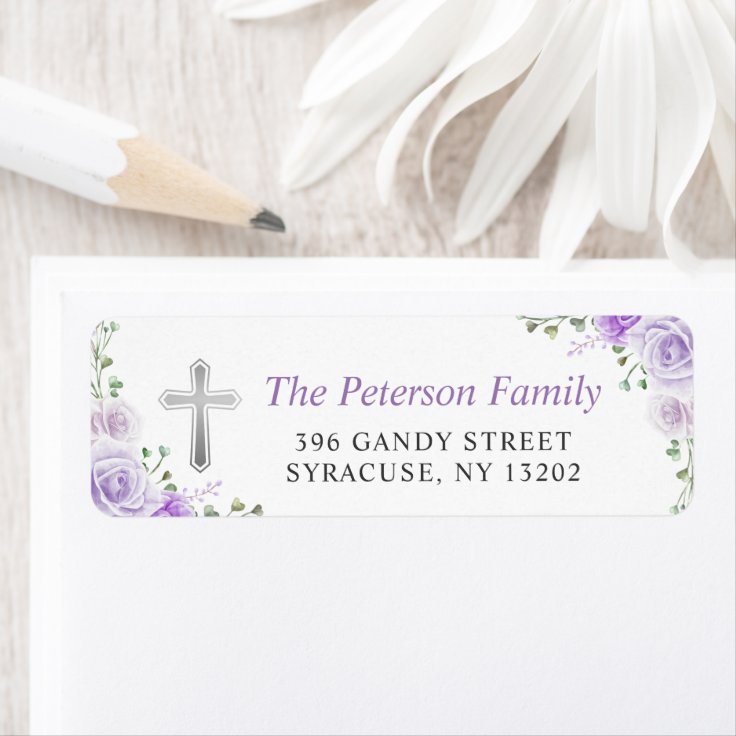 Purple Floral Cross Religious Return Address Label Zazzle