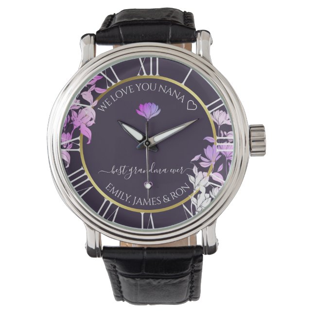 Purple Floral Custom Love Message Nana Text Gold Watch (Front)