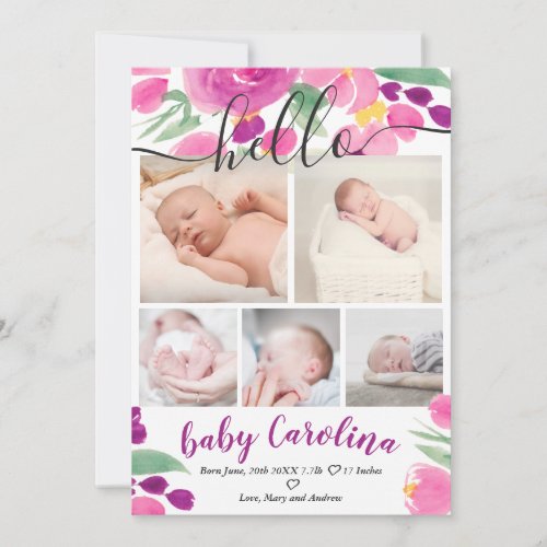 Purple floral cute 5 grid photo baby girl birth announcement