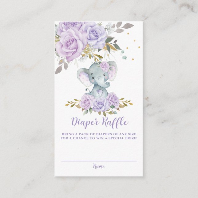 Purple Floral Cute Elephant Baby Diaper Raffle  Enclosure Card (Front)