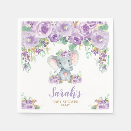 Purple Floral Cute Elephant Baby Shower Baby Girl Napkins