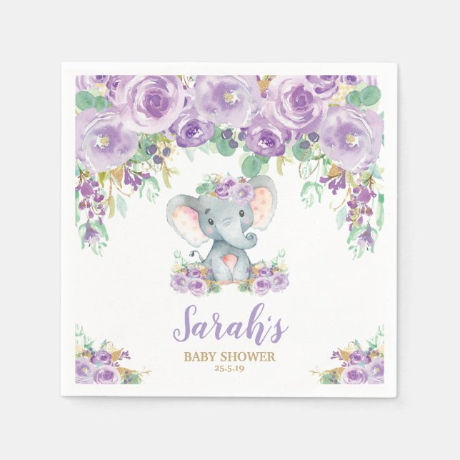 Purple Floral Cute Elephant Baby Shower Baby Girl Napkins (Front)