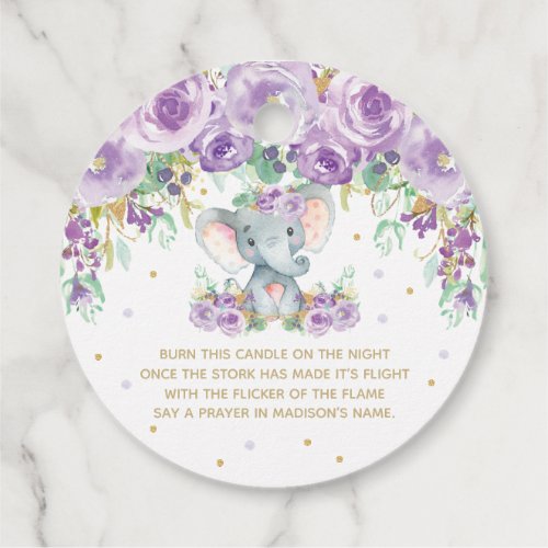 Purple Floral Cute Elephant Baby Shower Candle Favor Tags
