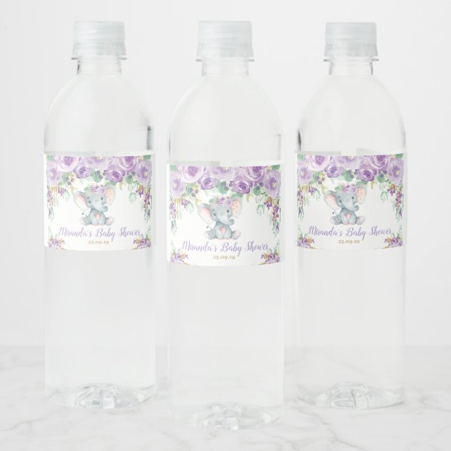 Purple Floral Cute Elephant Baby Shower Girl Water Bottle Label (Bottles)