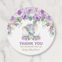 Purple Floral Cute Elephant Baby Shower Thank You Favor Tags