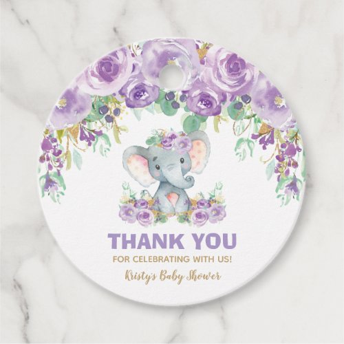 Purple Floral Cute Elephant Baby Shower Thank You Favor Tags