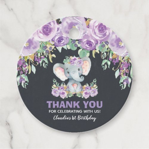 Purple Floral Cute Elephant Birthday Thank You Favor Tags