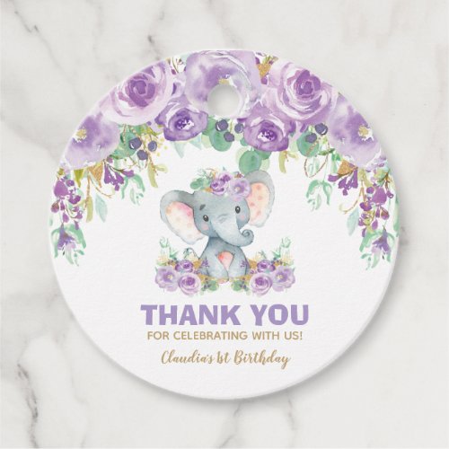 Purple Floral Cute Elephant Birthday Thank You Favor Tags