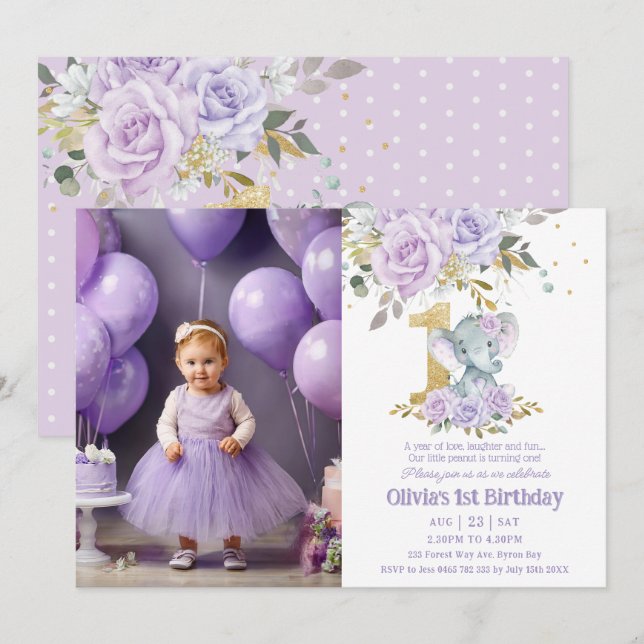 Purple Floral Cute Elephant One 1st Birthday Photo Invitation (Front/Back)