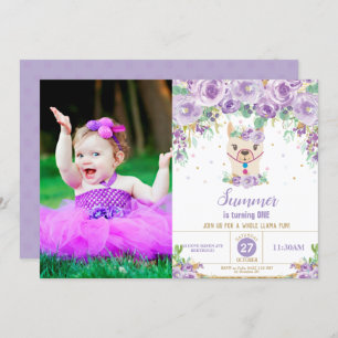 Purple Floral Cute Llama Birthday Girl Photo Invitation