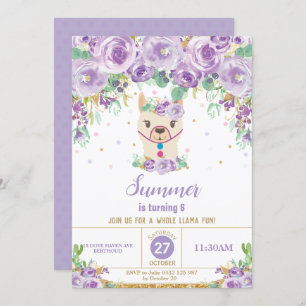 Purple Floral Cute Llama Birthday Party Girl Invitation